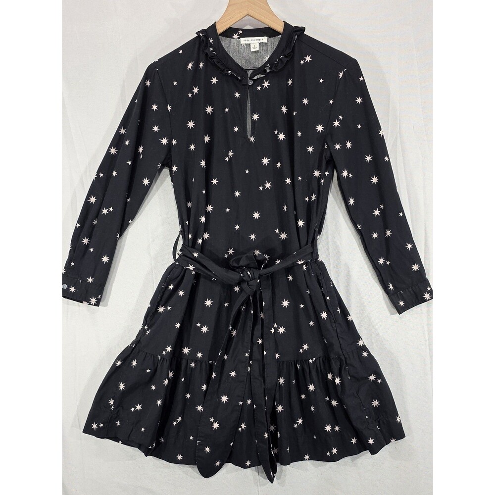 Black Tiered Star Print Mini Dress Cotton Pockets Whimsigoth Witchy Celestial